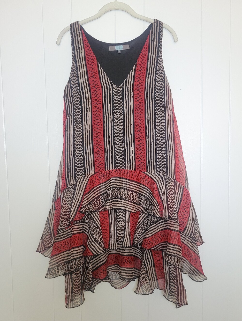 Anthropologie × Eva Franco Milana Striped Ruffle Hem Dress Drop Waist Red 6